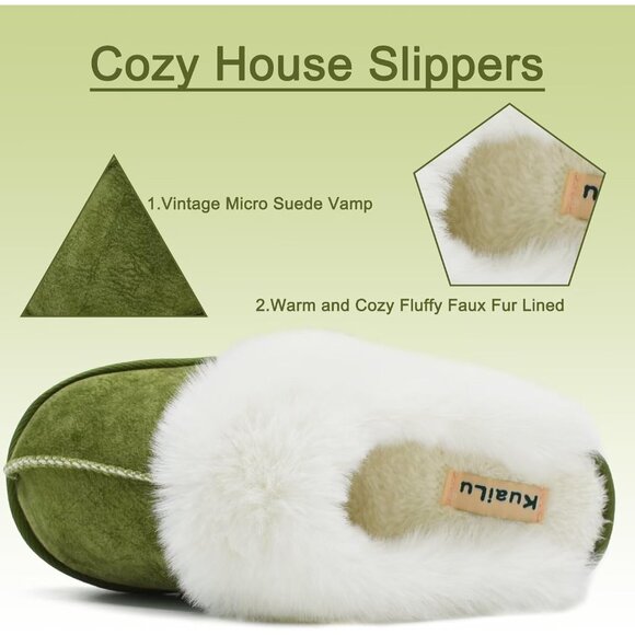 🆕Women Green Suede Fluff Dual Memory Foam Arch Support Warm Scuff Slipper - Picture 8 of 11